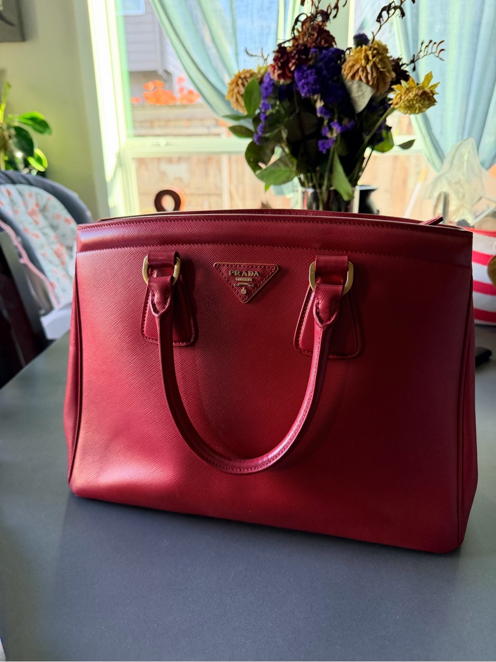 Prada Red Saffiano Leather Satchel with Gold Hardware